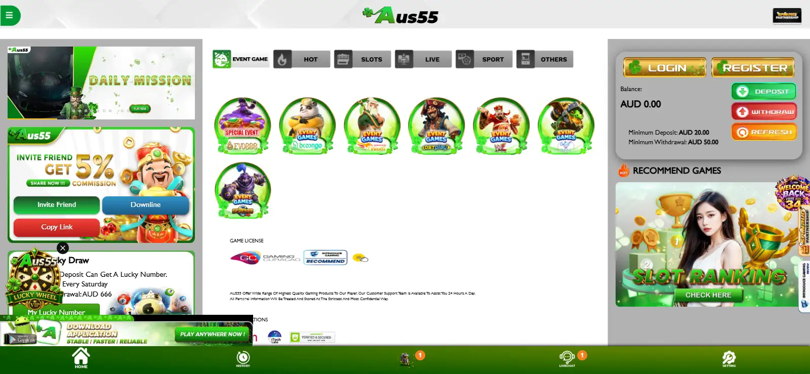 Aus55 homepage and interface overview