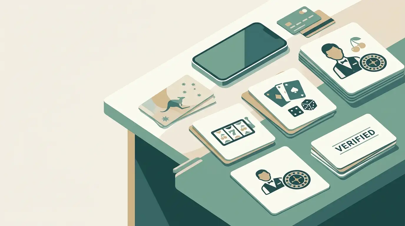 Illustration of an Australian online casino review with AUD, mobile and game category motifs