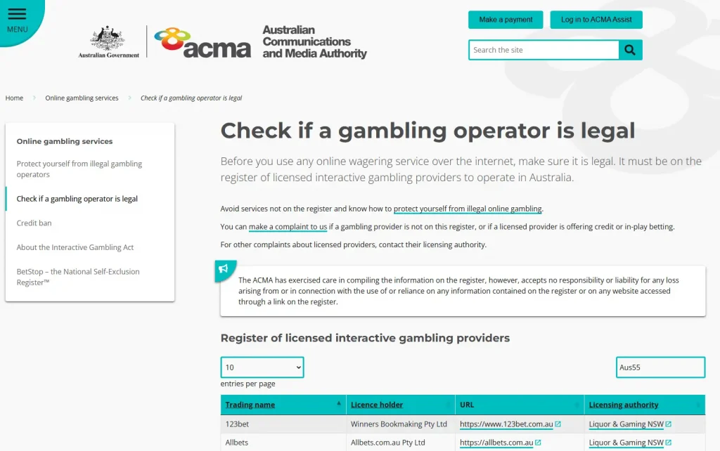 ACMA licensed interactive gambling provider register page used to check Australian licence status