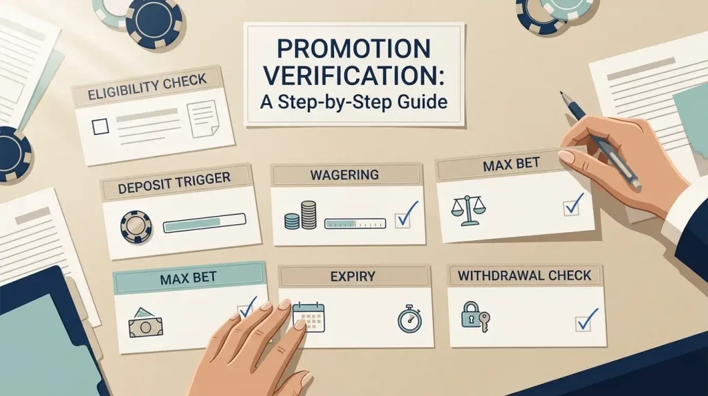 Bonus verification checklist covering eligibility, deposit trigger, wagering, maximum bet and expiry without promotional amounts