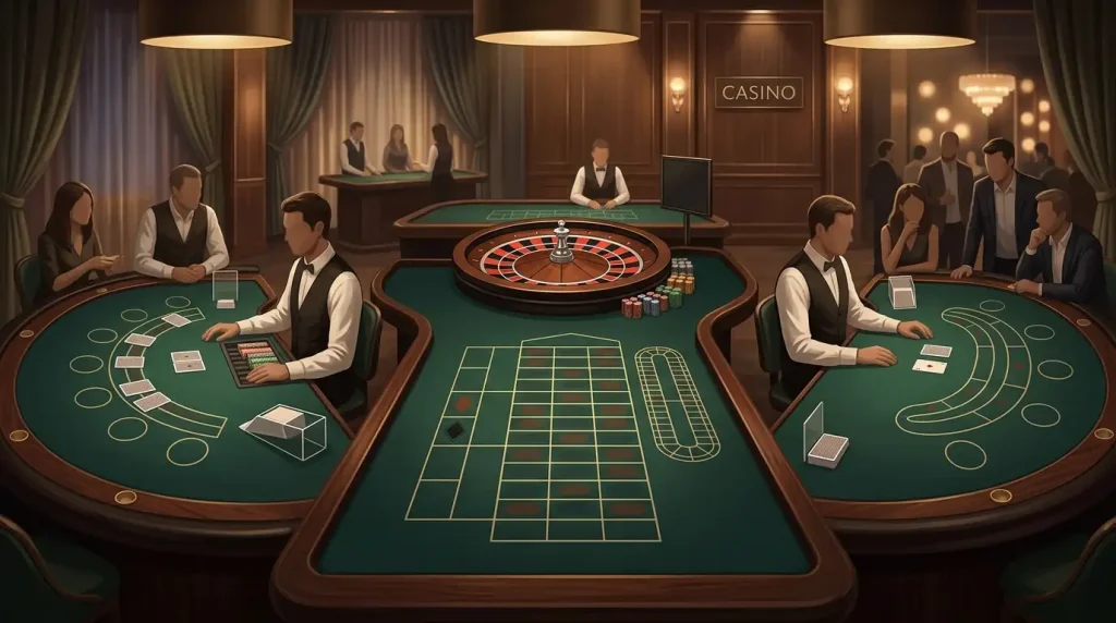 Illustration of live casino tables with roulette, blackjack and baccarat motifs, without brand logos or real dealer faces