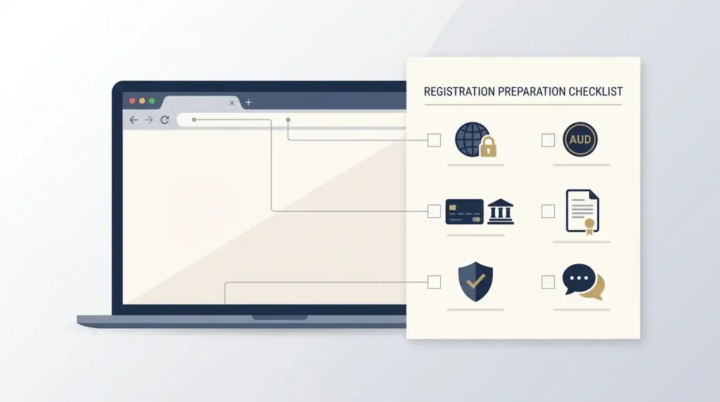 Neutral account setup checklist with website, currency, payment, terms, verification and support checkpoints