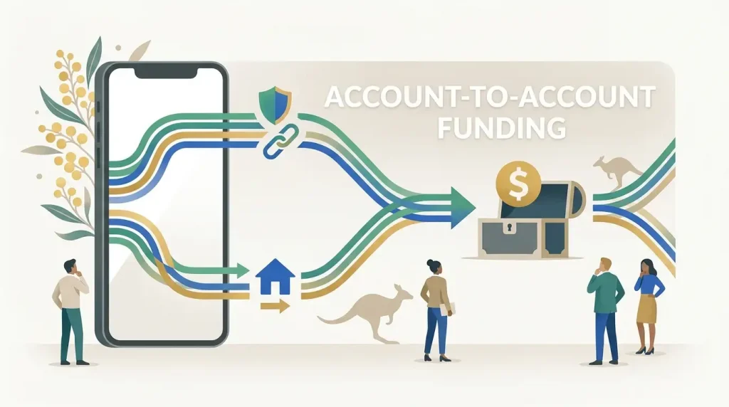 Neutral illustration of Australian dollar payments moving through bank transfer and account-to-account payment flows without bank or PayID logos