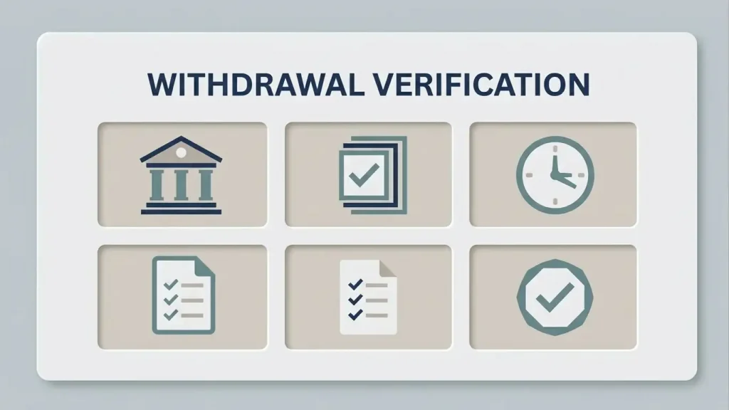 Neutral withdrawal checklist showing a payment method, limit, fee, verification and status fields without any invented amounts