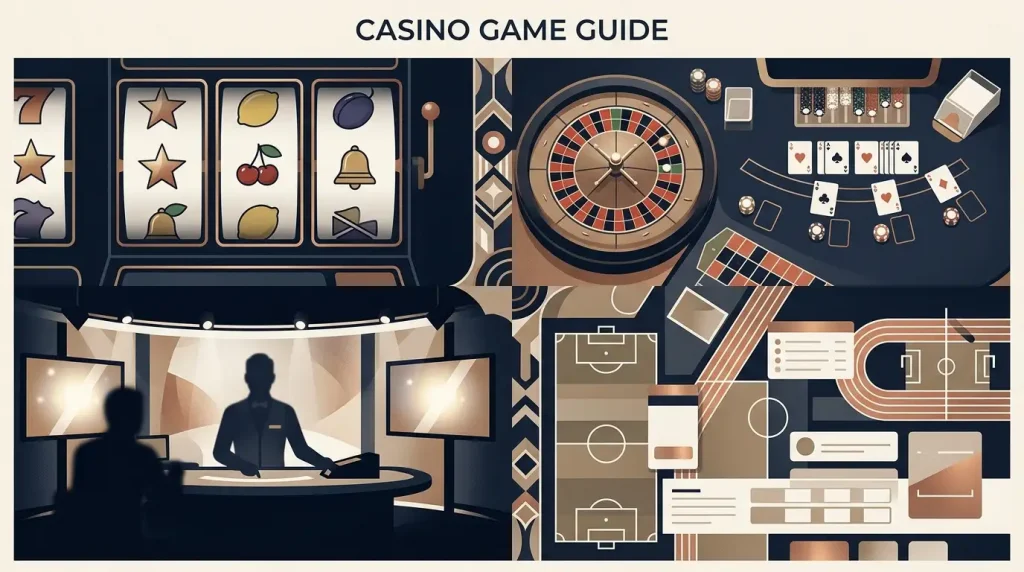 Visual mosaic representing pokies, roulette, blackjack, live dealer tables and sports betting without branded game artwork